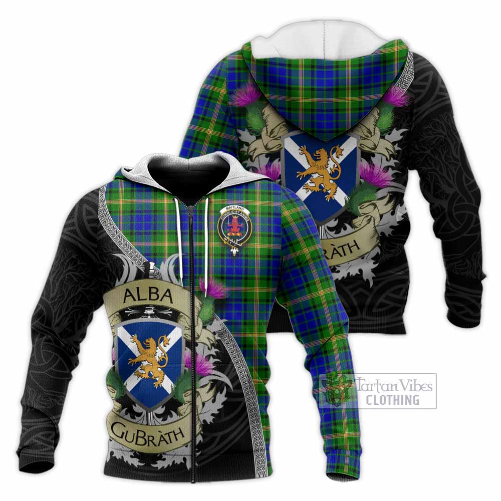 Tartan Vibes Clothing Maitland Tartan Family Crest Knitted Hoodie Lion Rampant Royal Thistle Shield Celtic Inspired