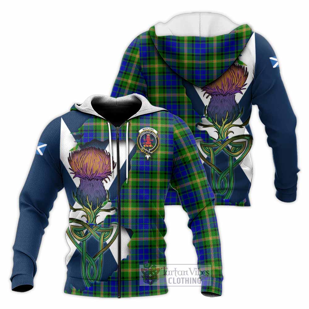 Tartan Vibes Clothing Maitland Tartan Family Crest Knitted Hoodie Scottish Thistle Celtic Inspired