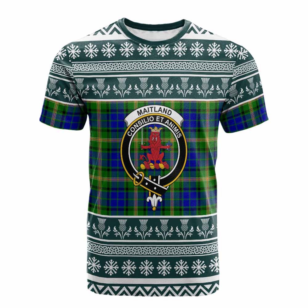 Maitland Clan Tartan Christmas Cotton T-shirt with Family Crest - Tartan Vibes Clothing