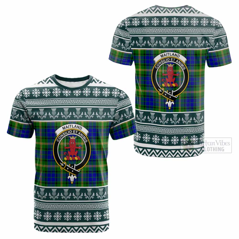 Maitland Clan Tartan Christmas Cotton T-shirt with Family Crest - Tartan Vibes Clothing