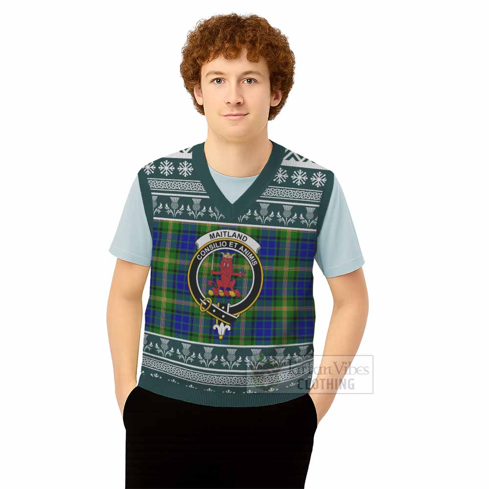 Maitland Clan Tartan Christmas Knitted V-Neck Vest with Family Crest - Tartan Vibes Clothing