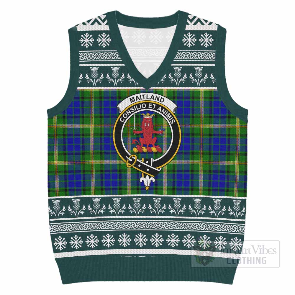 Maitland Clan Tartan Christmas Knitted V-Neck Vest with Family Crest - Tartan Vibes Clothing