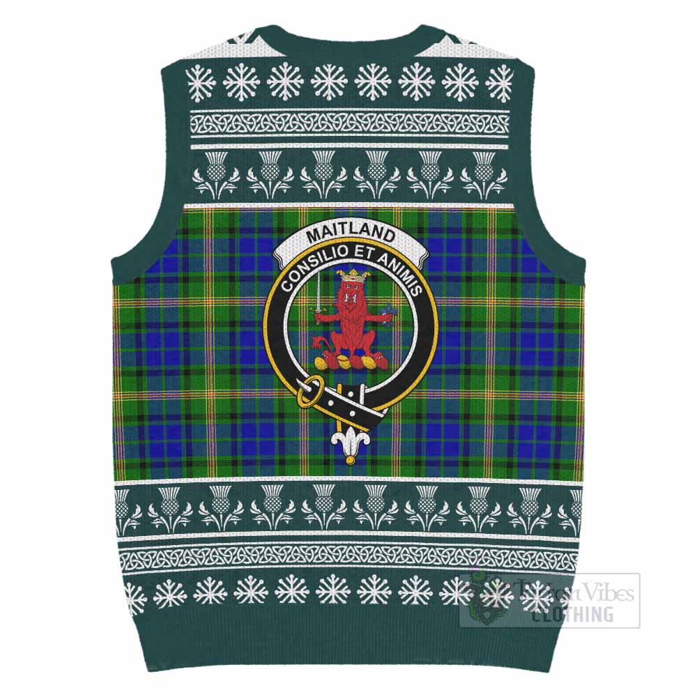 Maitland Clan Tartan Christmas Knitted V-Neck Vest with Family Crest - Tartan Vibes Clothing