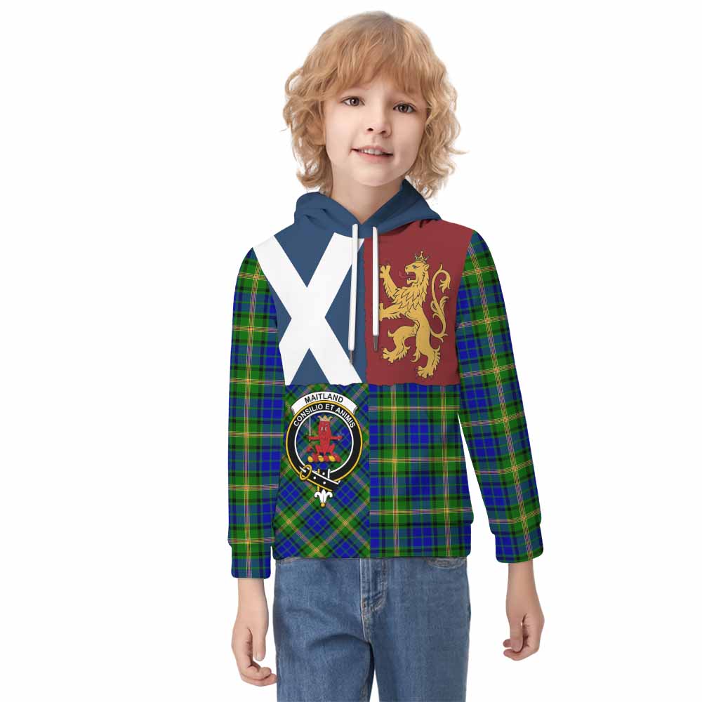Maitland Crest Tartan Kid Hoodie with Lion Rampant Saltire Style - Tartan Vibes Clothing