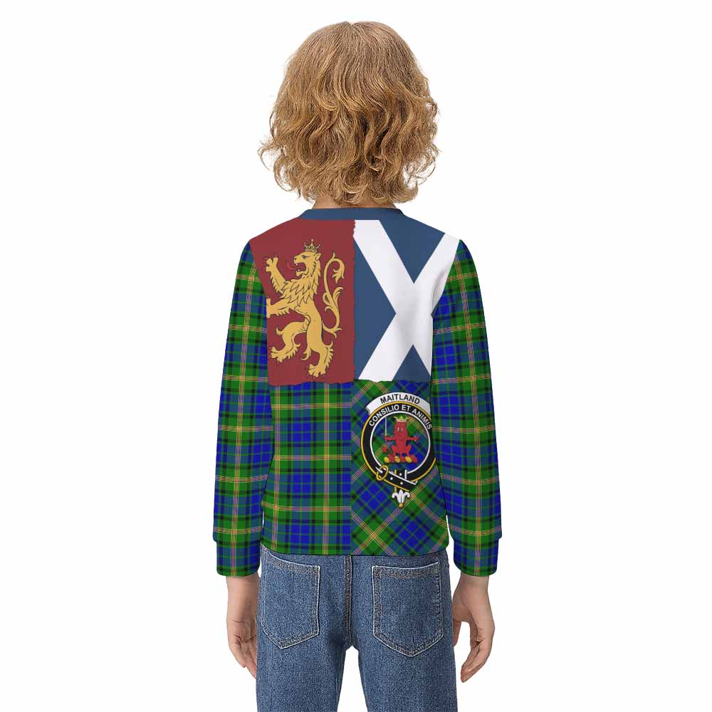 Maitland Crest Tartan Kid Knitted Sweatshirt with Lion Rampant Saltire Style - Tartan Vibes Clothing