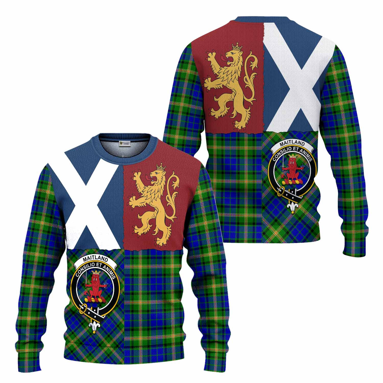 Maitland Crest Tartan Knitted Sweater with Lion Rampant Saltire Style