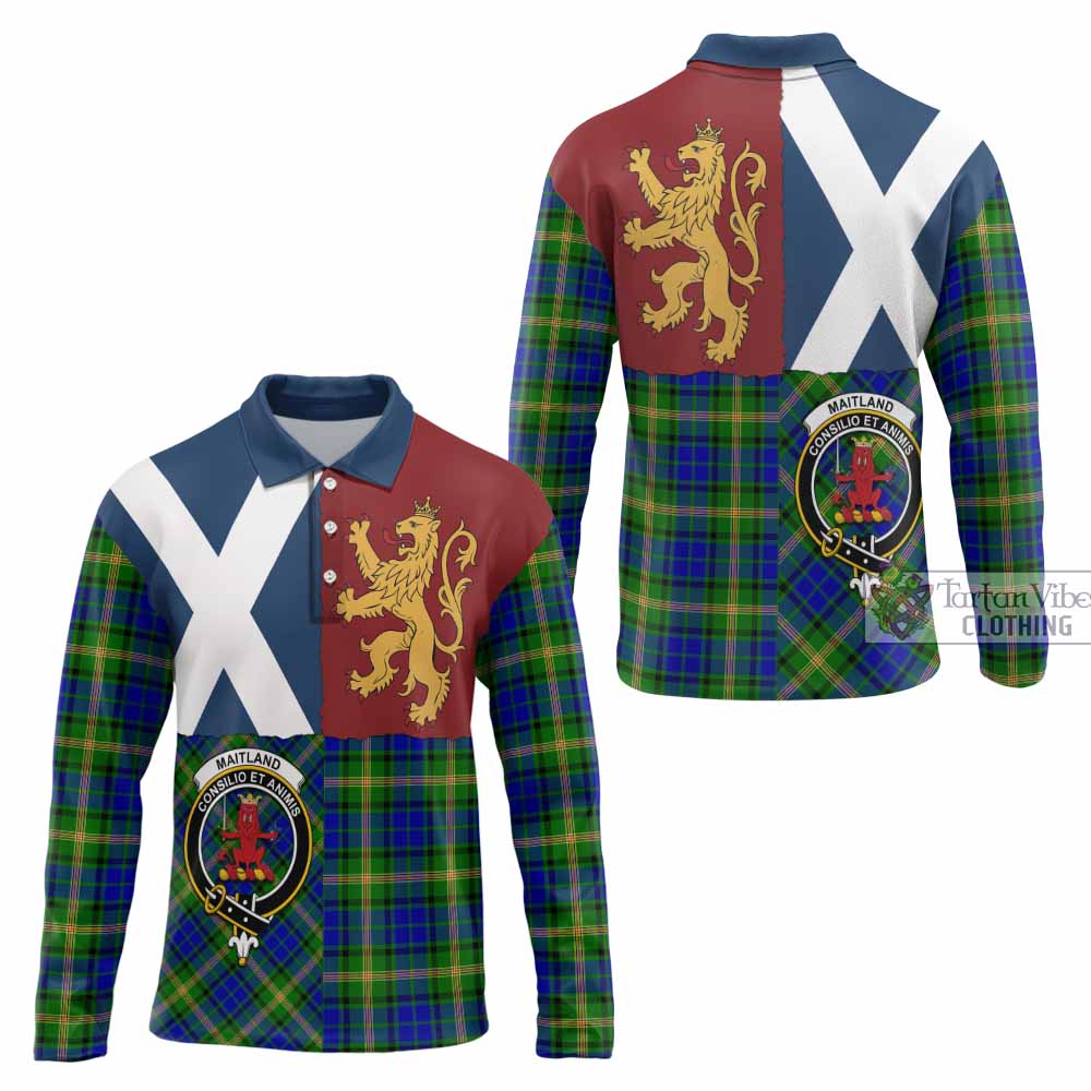 Maitland Crest Tartan Long Sleeve Polo Shirt with Lion Rampant Saltire Style