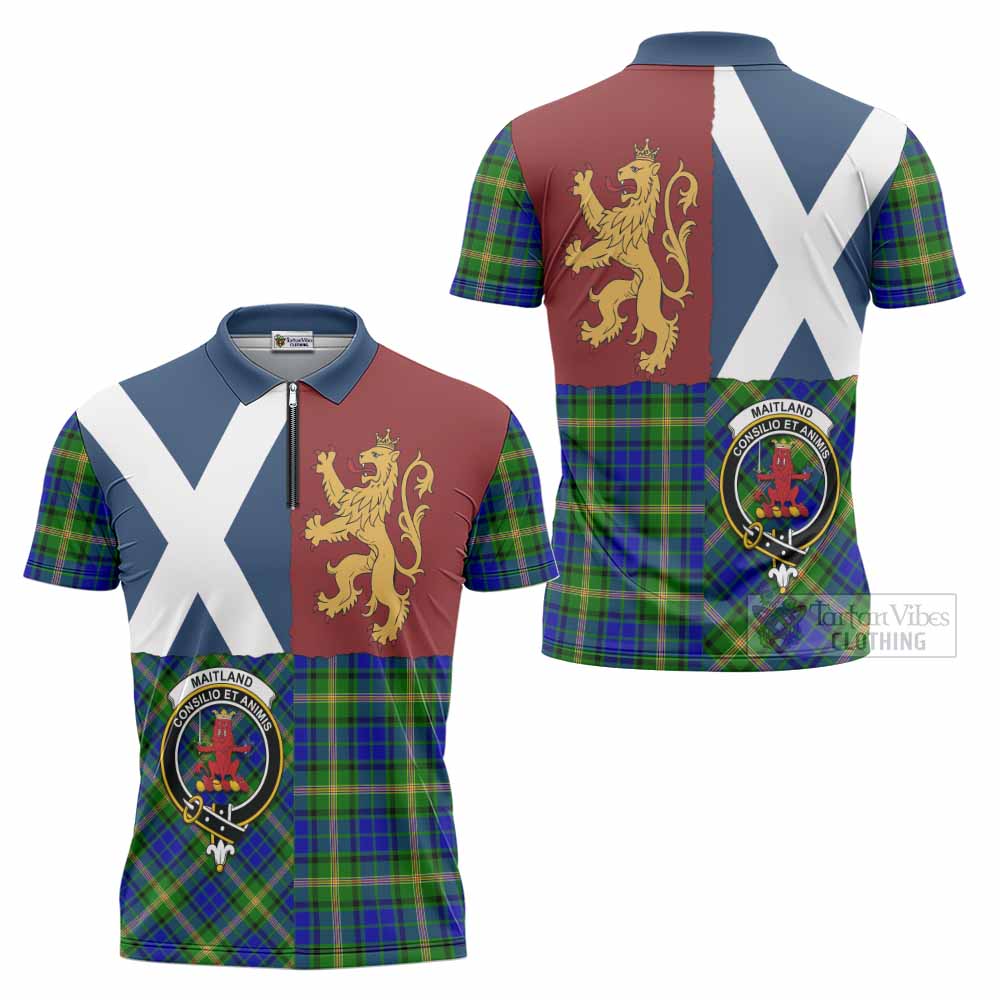 Maitland Crest Tartan Zipper Polo Shirt with Lion Rampant Saltire Style