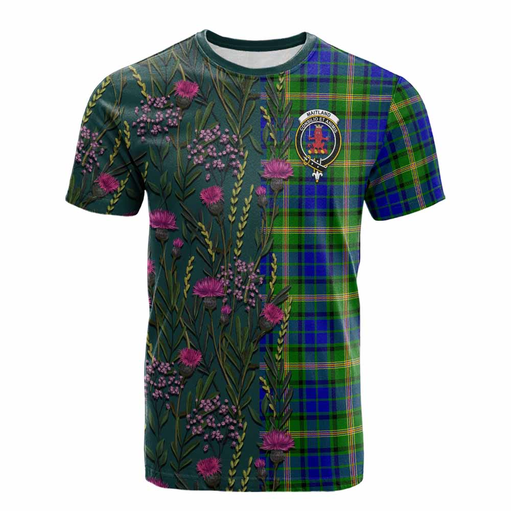 Maitland Family Crest Tartan Cotton T-shirt Scottish Thistle Flower Pattern Half Style - Tartan Vibes Clothing