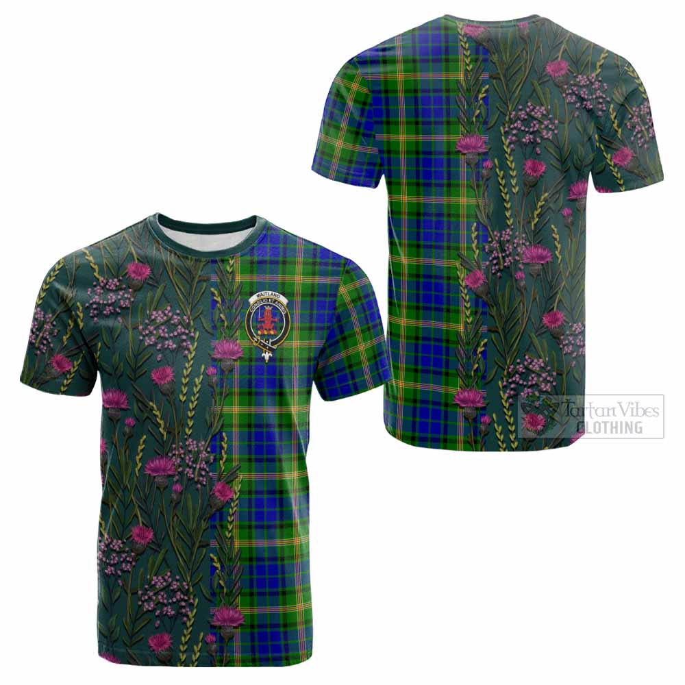 Maitland Family Crest Tartan Cotton T-shirt Scottish Thistle Flower Pattern Half Style - Tartan Vibes Clothing