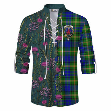 Maitland Family Crest Tartan Ghillie Shirt Scottish Thistle Flower Pattern Half Style