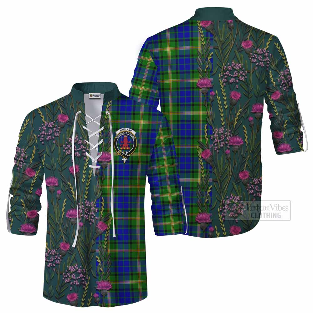 Maitland Family Crest Tartan Ghillie Shirt Scottish Thistle Flower Pattern Half Style - Tartan Vibes Clothing