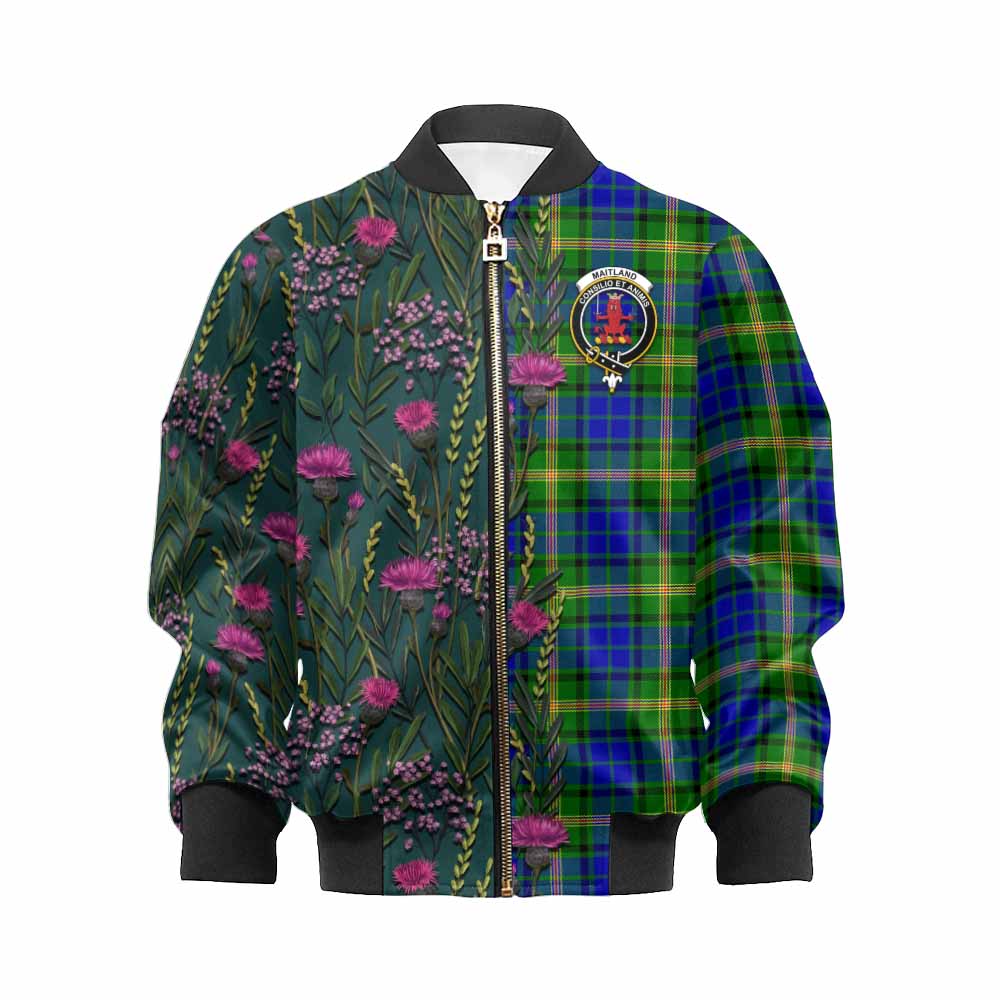 Maitland Family Crest Tartan Kid Bomber Jacket Scottish Thistle Flower Pattern Half Style - Tartan Vibes Clothing