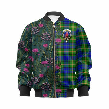 Maitland Family Crest Tartan Kid Bomber Jacket Scottish Thistle Flower Pattern Half Style - Tartan Vibes Clothing