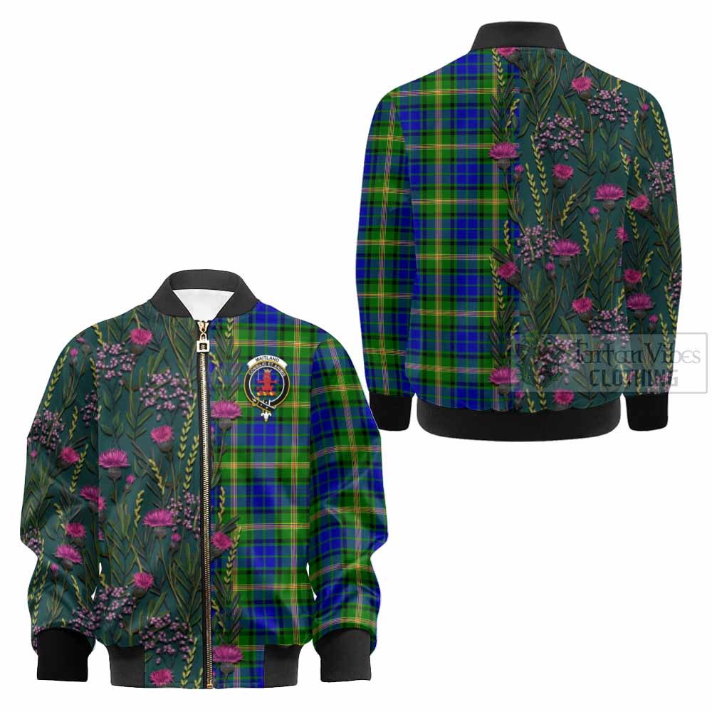 Maitland Family Crest Tartan Kid Bomber Jacket Scottish Thistle Flower Pattern Half Style - Tartan Vibes Clothing