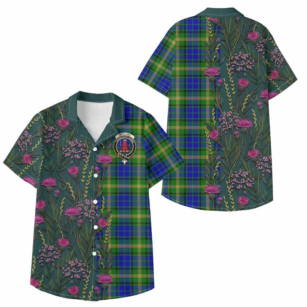 Maitland Family Crest Tartan Kid Hawaiian Shirt Scottish Thistle Flower Pattern Half Style - Tartan Vibes Clothing