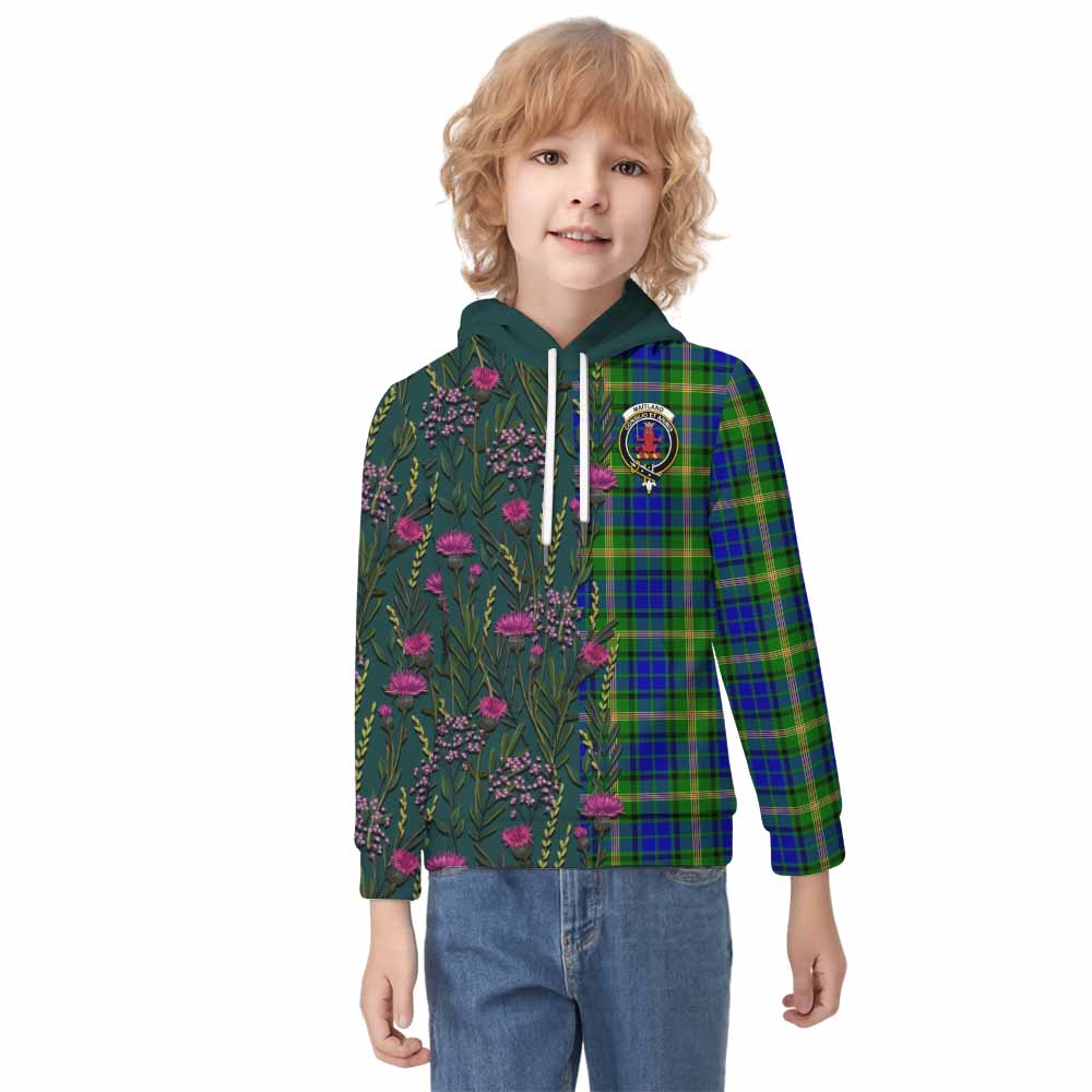 Maitland Family Crest Tartan Kid Hoodie Scottish Thistle Flower Pattern Half Style - Tartan Vibes Clothing