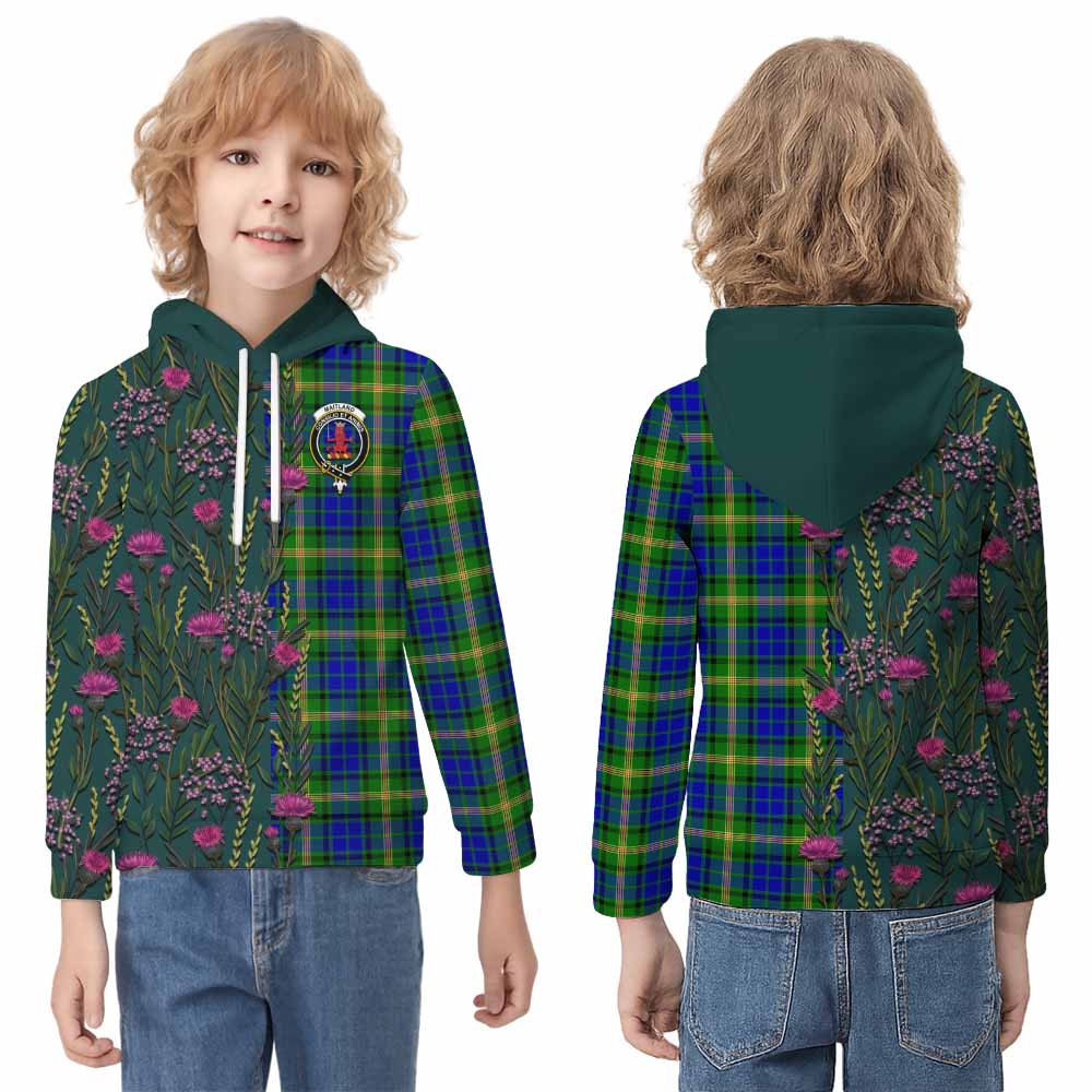 Maitland Family Crest Tartan Kid Hoodie Scottish Thistle Flower Pattern Half Style - Tartan Vibes Clothing