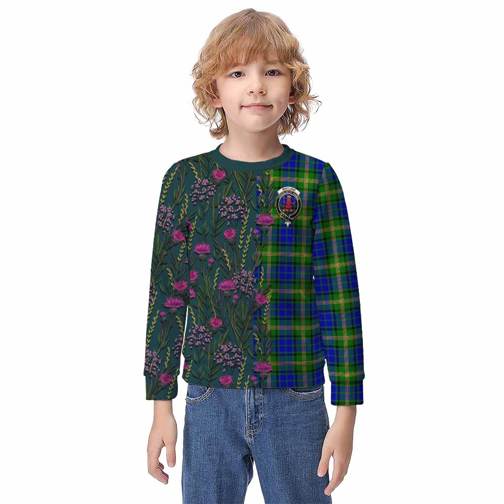Maitland Family Crest Tartan Kid Knitted Sweatshirt Scottish Thistle Flower Pattern Half Style - Tartan Vibes Clothing