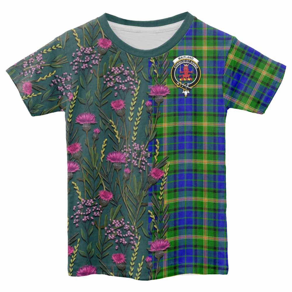 Maitland Family Crest Tartan Kid T-shirt Scottish Thistle Flower Pattern Half Style - Tartan Vibes Clothing