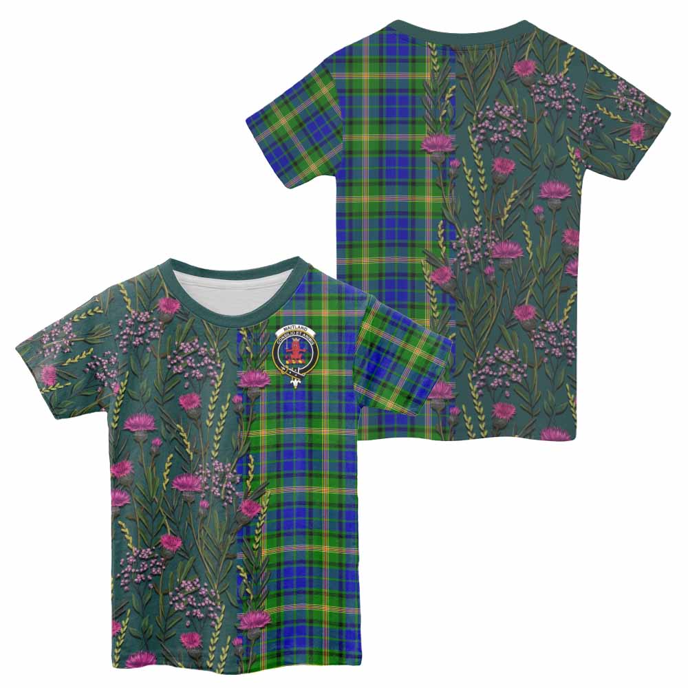 Maitland Family Crest Tartan Kid T-shirt Scottish Thistle Flower Pattern Half Style - Tartan Vibes Clothing