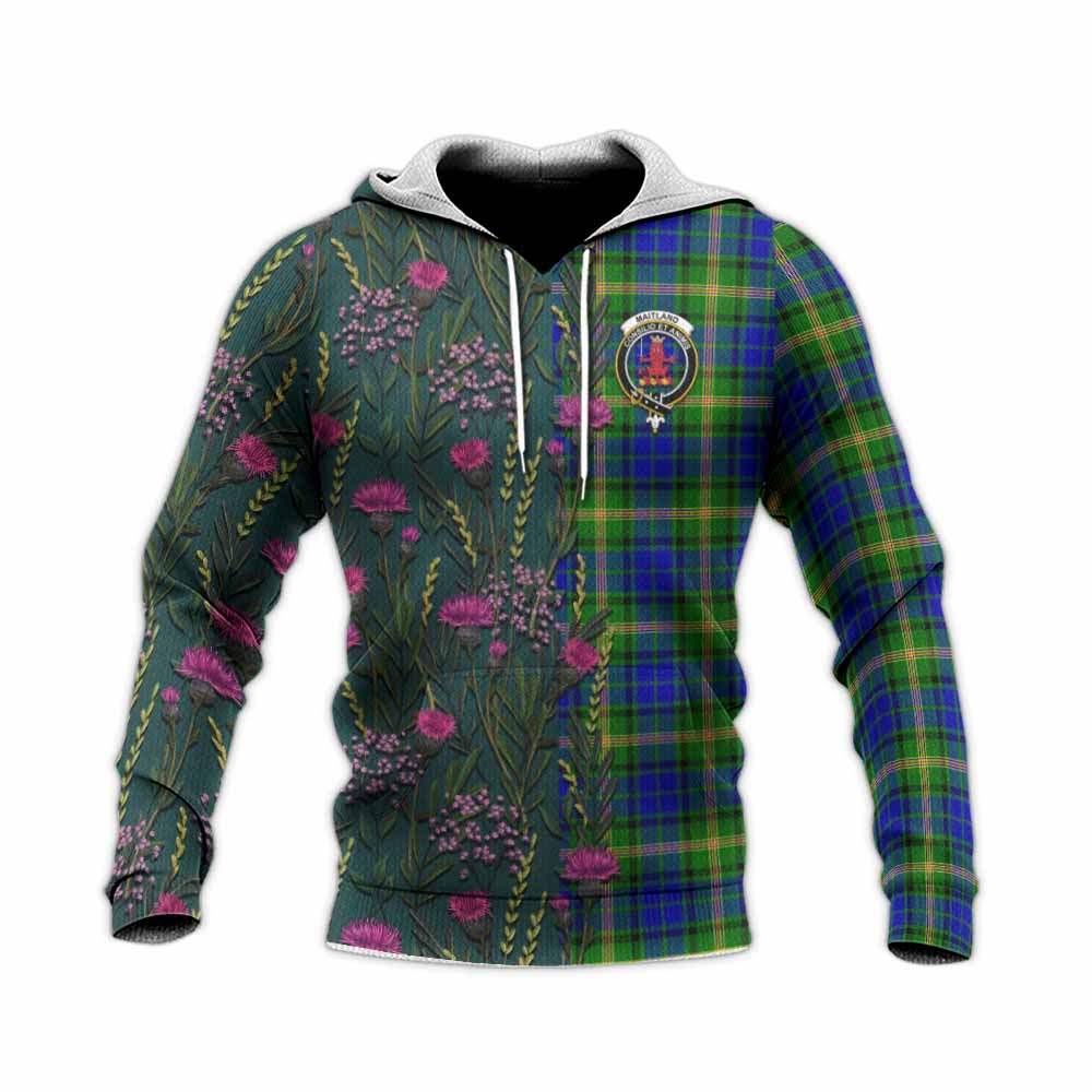 Maitland Family Crest Tartan Knitted Hoodie Scottish Thistle Flower Pattern Half Style - Tartan Vibes Clothing