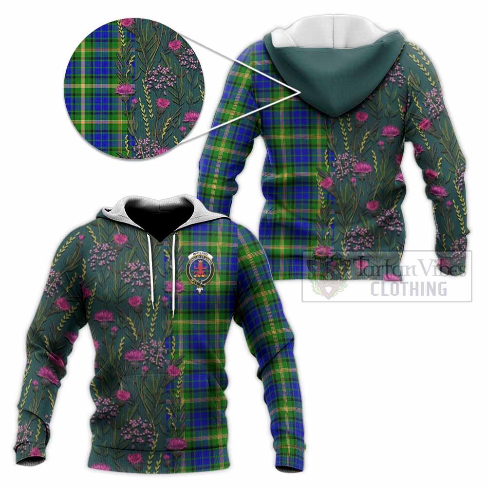 Maitland Family Crest Tartan Knitted Hoodie Scottish Thistle Flower Pattern Half Style - Tartan Vibes Clothing