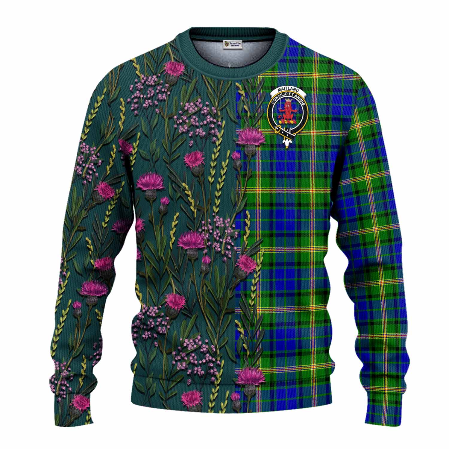 Maitland Family Crest Tartan Knitted Sweater Scottish Thistle Flower Pattern Half Style - Tartan Vibes Clothing