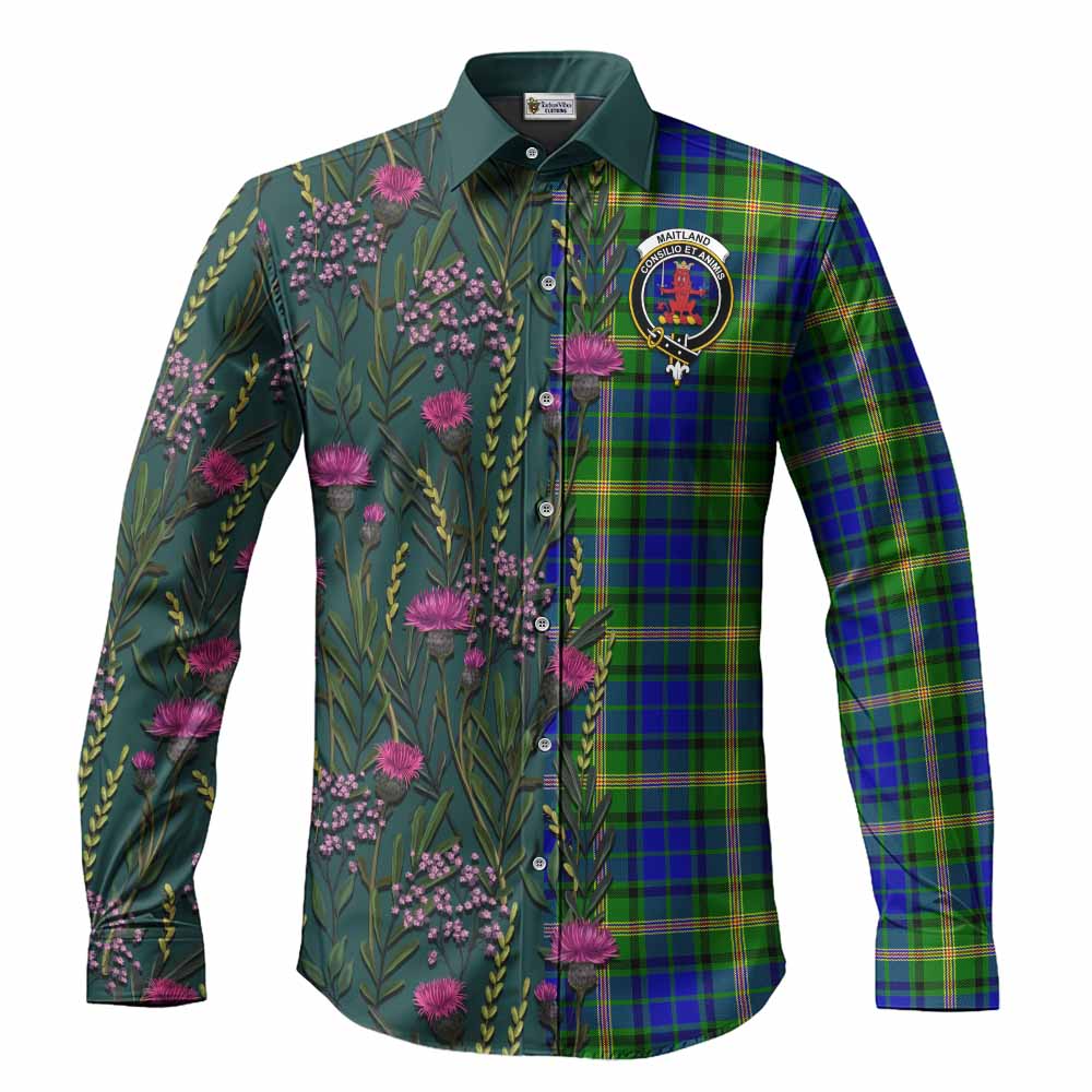 Maitland Family Crest Tartan Long Sleeve Button Shirts Scottish Thistle Flower Pattern Half Style - Tartan Vibes Clothing