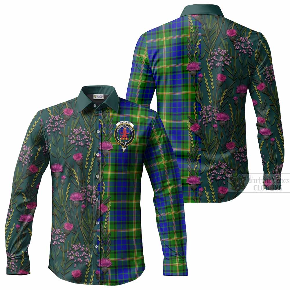 Maitland Family Crest Tartan Long Sleeve Button Shirts Scottish Thistle Flower Pattern Half Style - Tartan Vibes Clothing