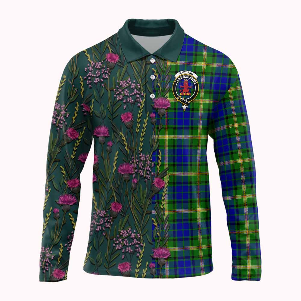 Maitland Family Crest Tartan Long Sleeve Polo Shirt Scottish Thistle Flower Pattern Half Style - Tartan Vibes Clothing