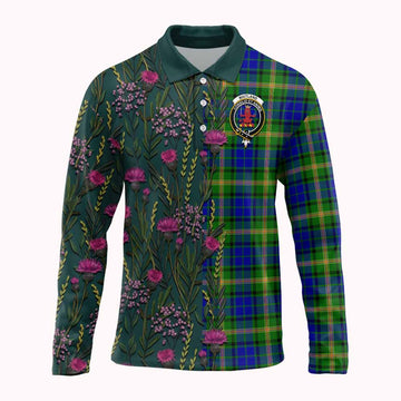Maitland Family Crest Tartan Long Sleeve Polo Shirt Scottish Thistle Flower Pattern Half Style