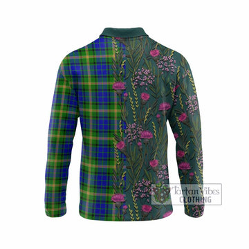 Maitland Family Crest Tartan Long Sleeve Polo Shirt Scottish Thistle Flower Pattern Half Style
