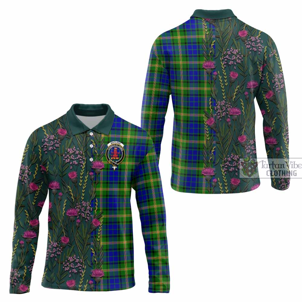 Maitland Family Crest Tartan Long Sleeve Polo Shirt Scottish Thistle Flower Pattern Half Style - Tartan Vibes Clothing
