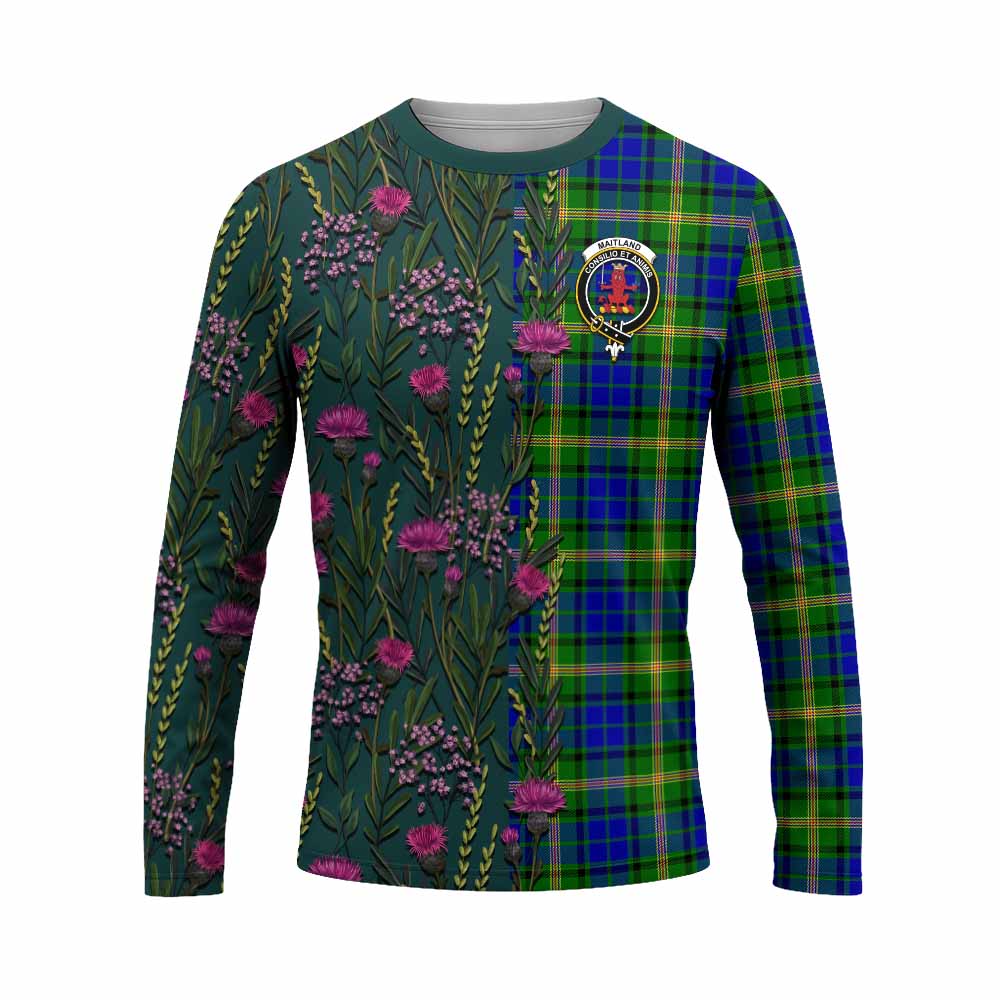 Maitland Family Crest Tartan Long Sleeve T-Shirt Scottish Thistle Flower Pattern Half Style - Tartan Vibes Clothing