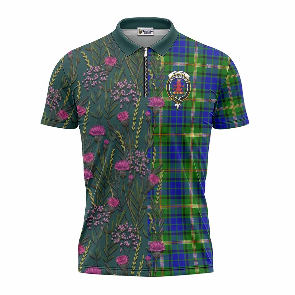 Maitland Family Crest Tartan Zipper Polo Shirt Scottish Thistle Flower Pattern Half Style - Tartan Vibes Clothing