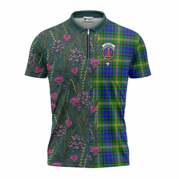 Maitland Family Crest Tartan Zipper Polo Shirt Scottish Thistle Flower Pattern Half Style