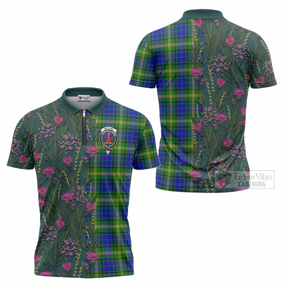 Maitland Family Crest Tartan Zipper Polo Shirt Scottish Thistle Flower Pattern Half Style - Tartan Vibes Clothing