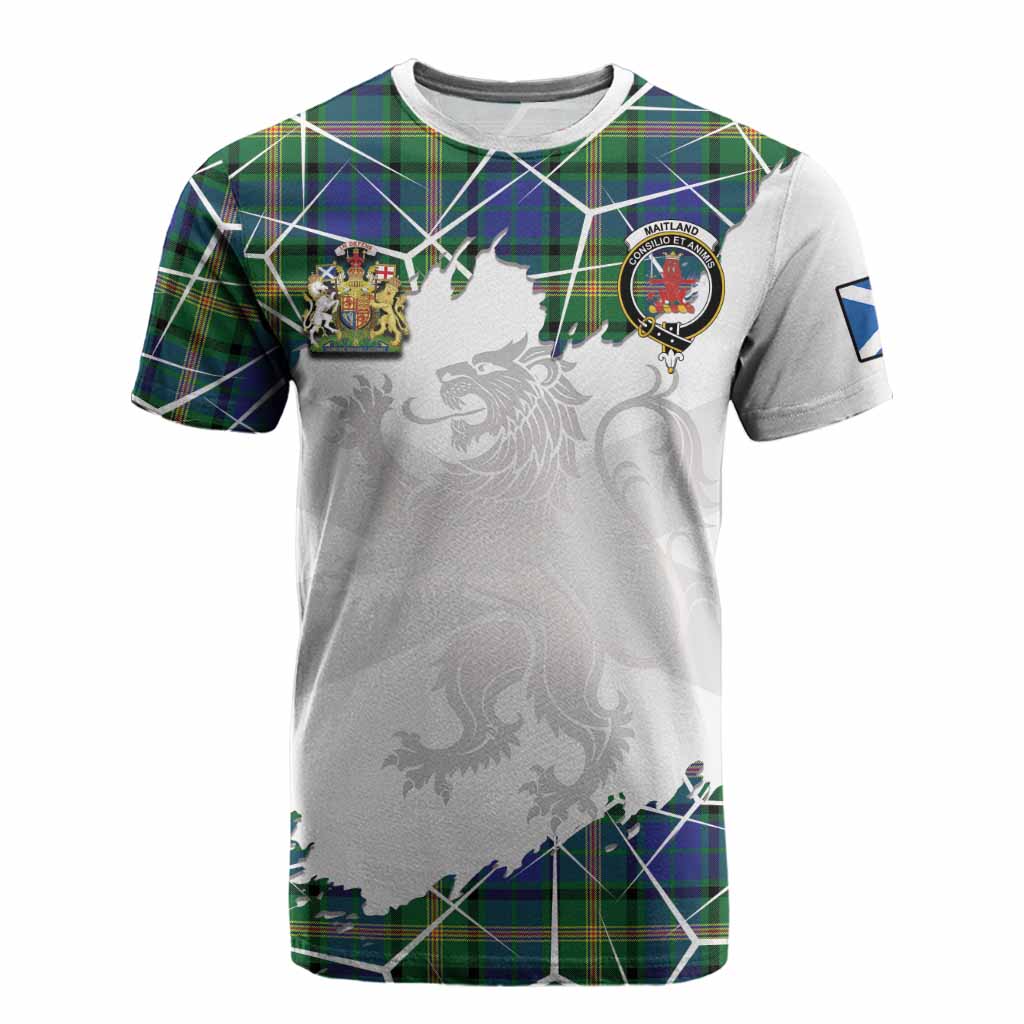 Maitland Tartan Cotton T-shirt with Family Crest and Lion Rampant Grunge Style