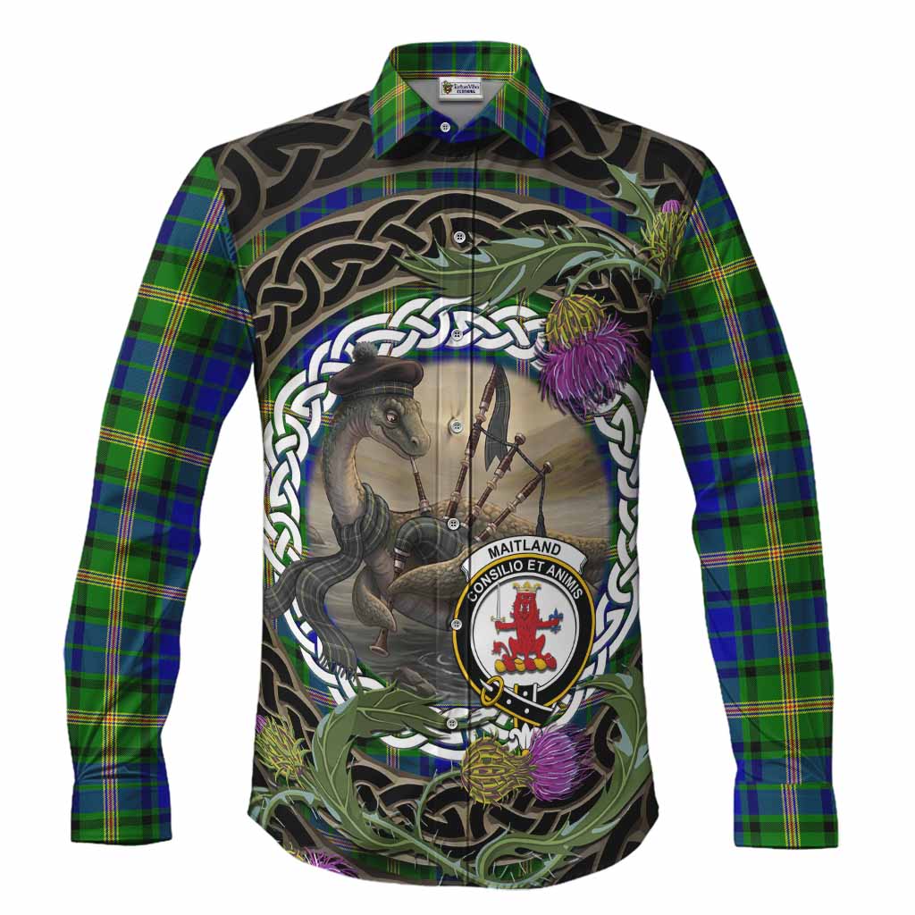 Maitland Tartan Crest Bagpipe Nessie Long Sleeve Button Shirts Scottish Loch Ness Monster Celtic Thistle
