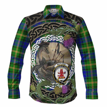 Maitland Tartan Crest Bagpipe Nessie Long Sleeve Button Shirts Scottish Loch Ness Monster Celtic Thistle
