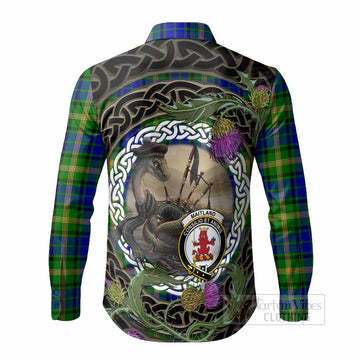 Maitland Tartan Crest Bagpipe Nessie Long Sleeve Button Shirts Scottish Loch Ness Monster Celtic Thistle