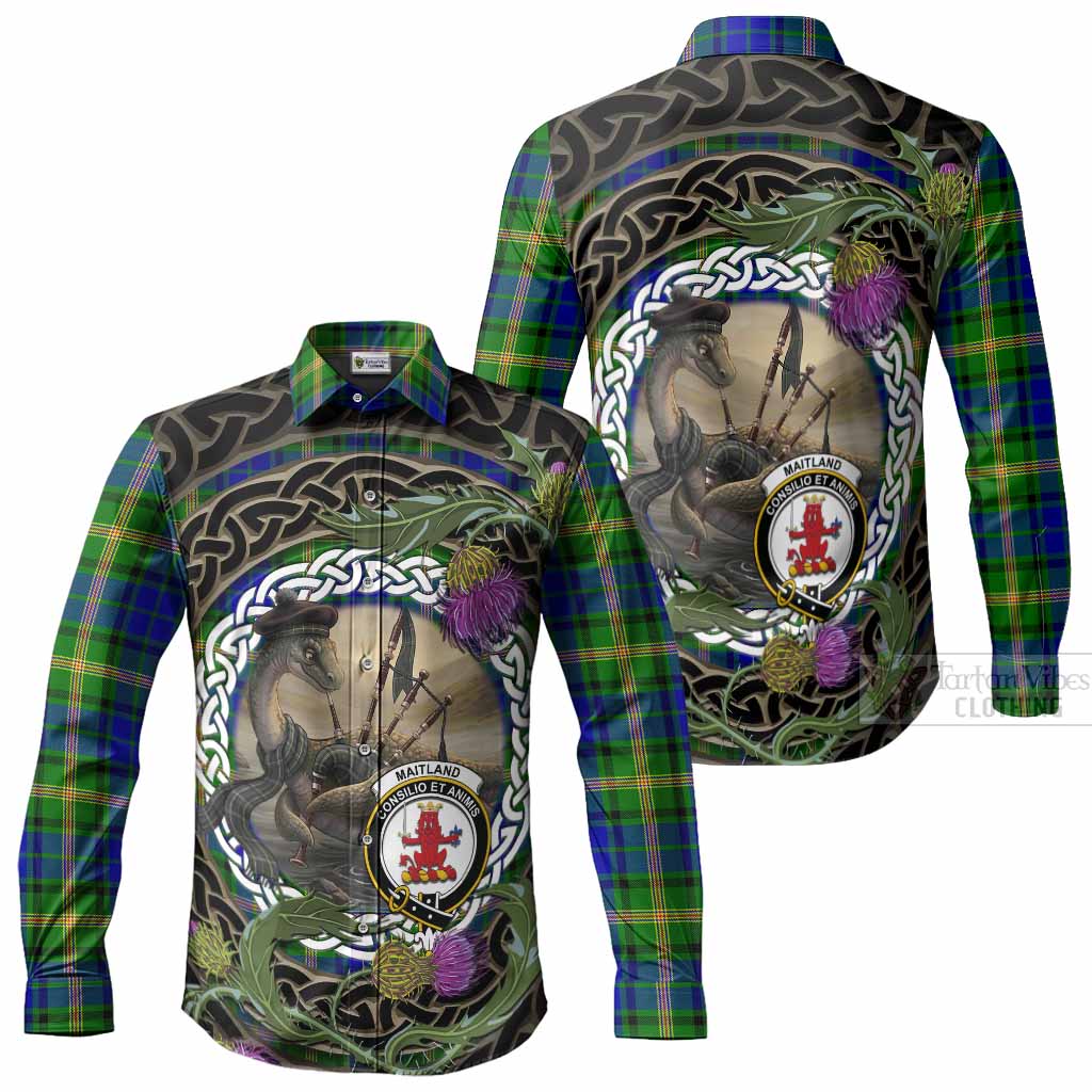Maitland Tartan Crest Bagpipe Nessie Long Sleeve Button Shirts Scottish Loch Ness Monster Celtic Thistle