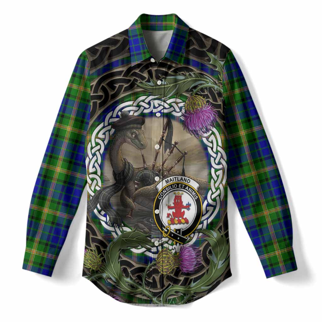 Maitland Tartan Crest Bagpipe Nessie Women Casual Shirt Scottish Loch Ness Monster Celtic Thistle