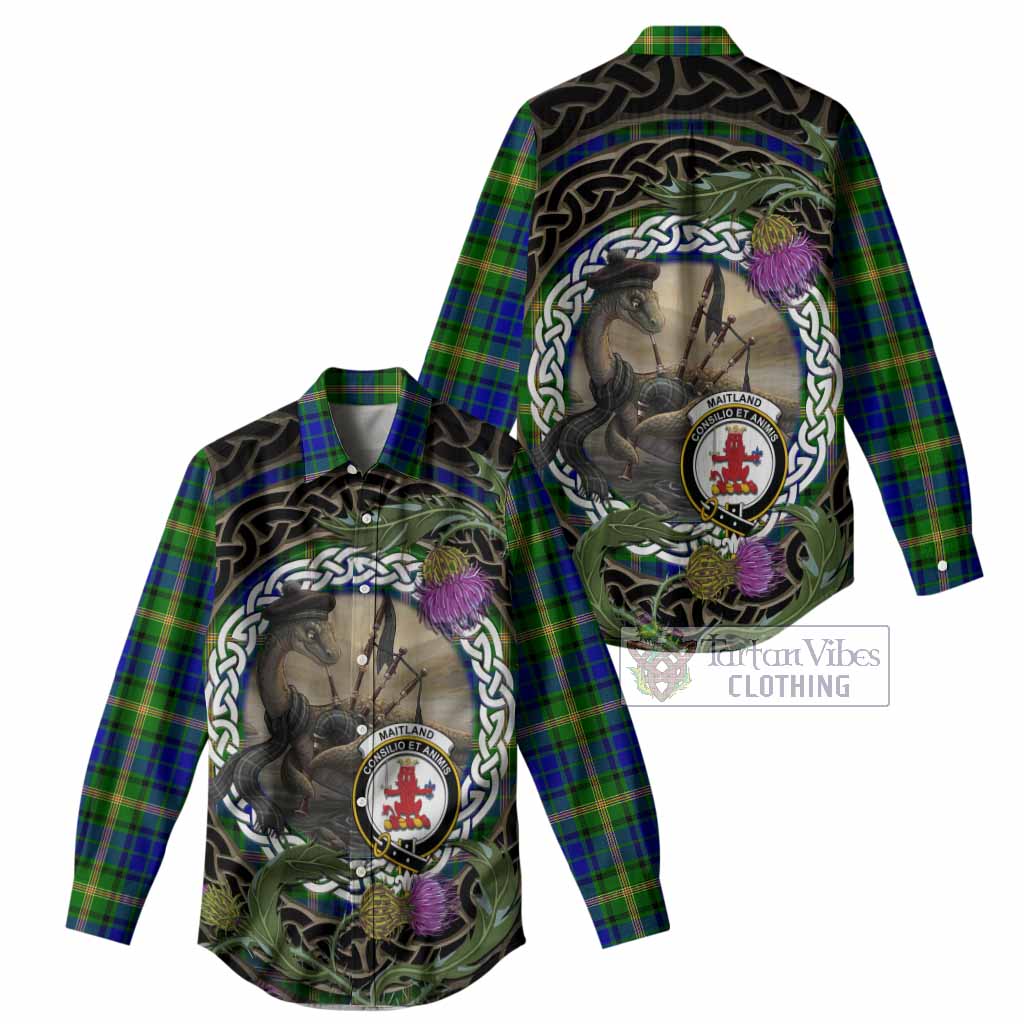 Maitland Tartan Crest Bagpipe Nessie Women Casual Shirt Scottish Loch Ness Monster Celtic Thistle