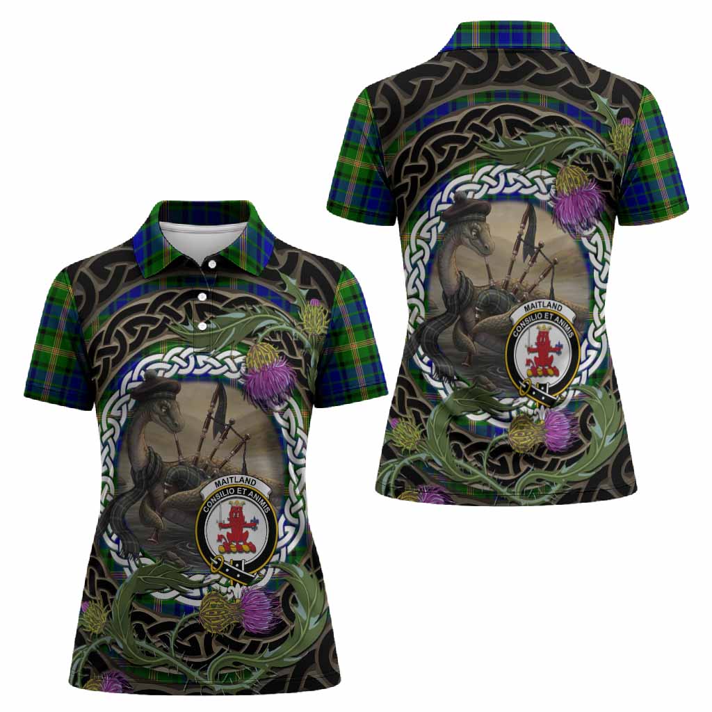 Maitland Tartan Crest Bagpipe Nessie Women Polo Shirt Scottish Loch Ness Monster Celtic Thistle