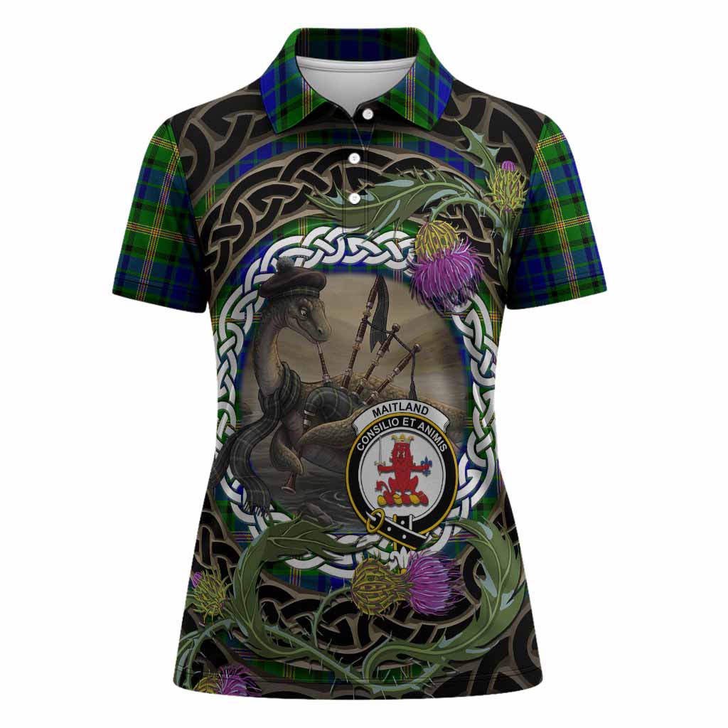 Maitland Tartan Crest Bagpipe Nessie Women Polo Shirt Scottish Loch Ness Monster Celtic Thistle