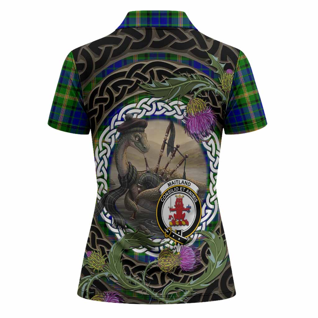 Maitland Tartan Crest Bagpipe Nessie Women Polo Shirt Scottish Loch Ness Monster Celtic Thistle