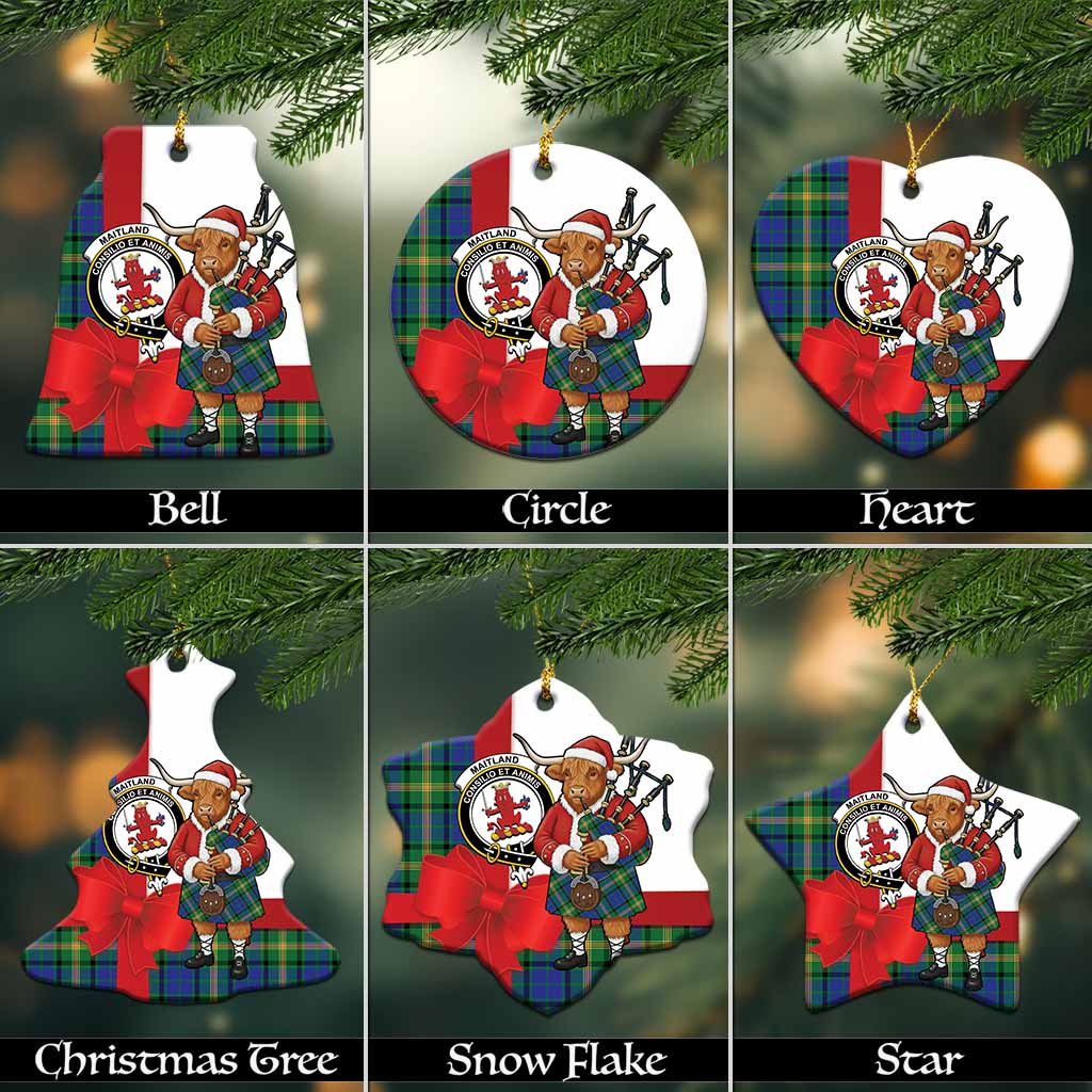 Maitland Tartan Crest Christmas Ceramic Ornament Highland Cow Bagpipes Coquette Bow Style
