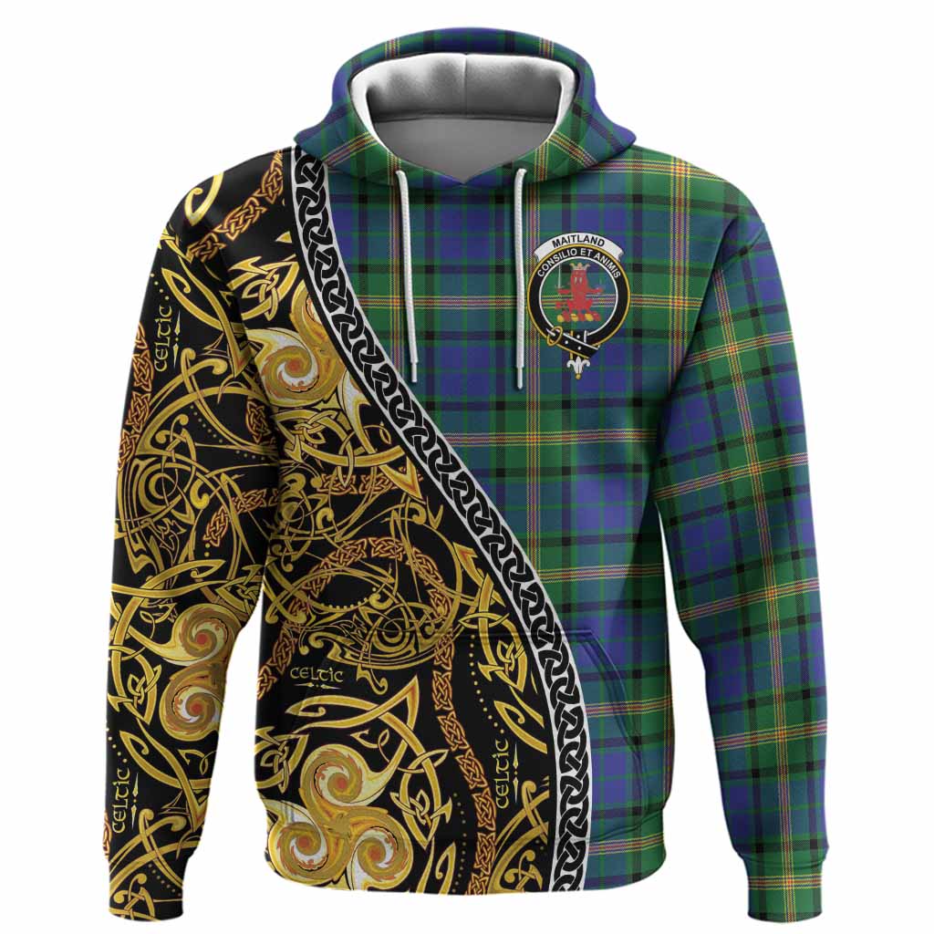 Maitland Tartan Crest Hoodie Celtic Knot and Triple Trickle Spiral Symbols